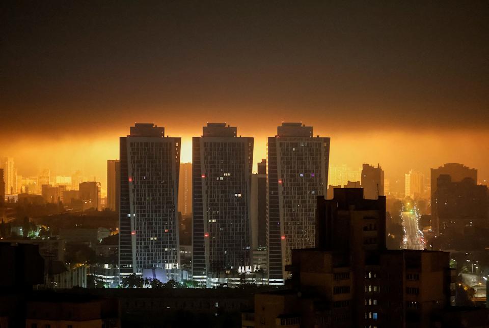 An explosion of a drone lights up the sky over the city during a Russian drone strike, amid Russia's attack on Ukraine, in Kyiv, Ukraine May 25, 2025.