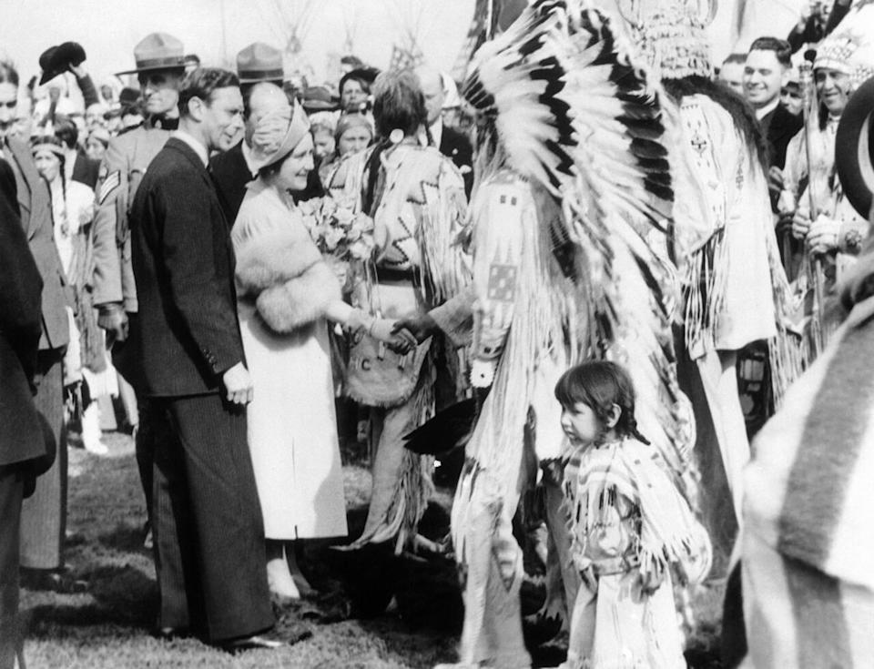 King George and Queen Elizabeth visit members of the Blackfeet Nation near Calgary on June 5, 1939.
