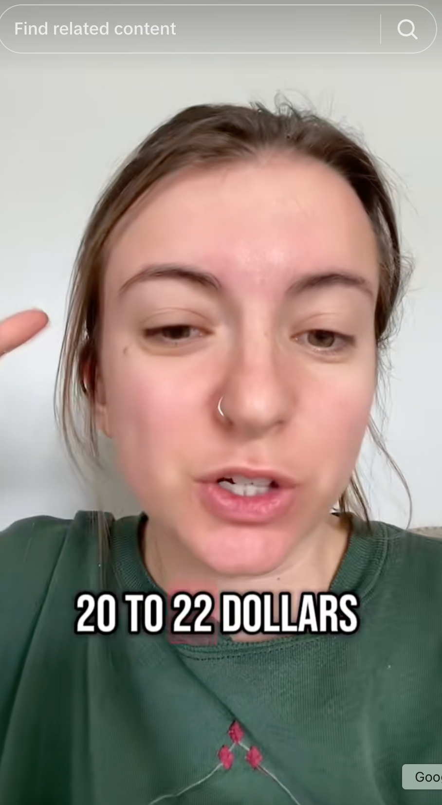 Person speaking with text overlay: "20 to 22 dollars." They wear a casual top and have a nose ring
