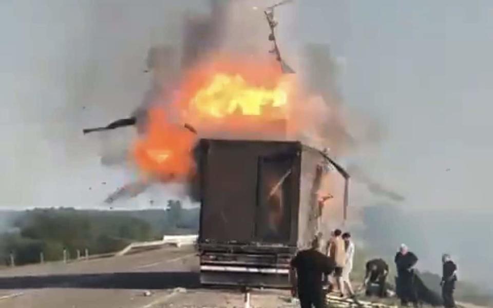 A Russian man enters one of Ukraine's drone trucks, and moments later a self-destruction mechanism ignites and the vehicle explodes