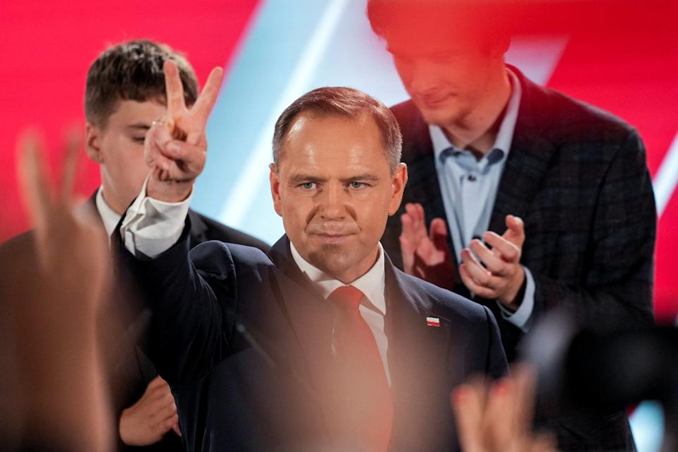 Karol Nawrocki reacts to exit polls of the second round of the presidential election in Warsaw, Poland, on 1 June 2025 (Reuters)