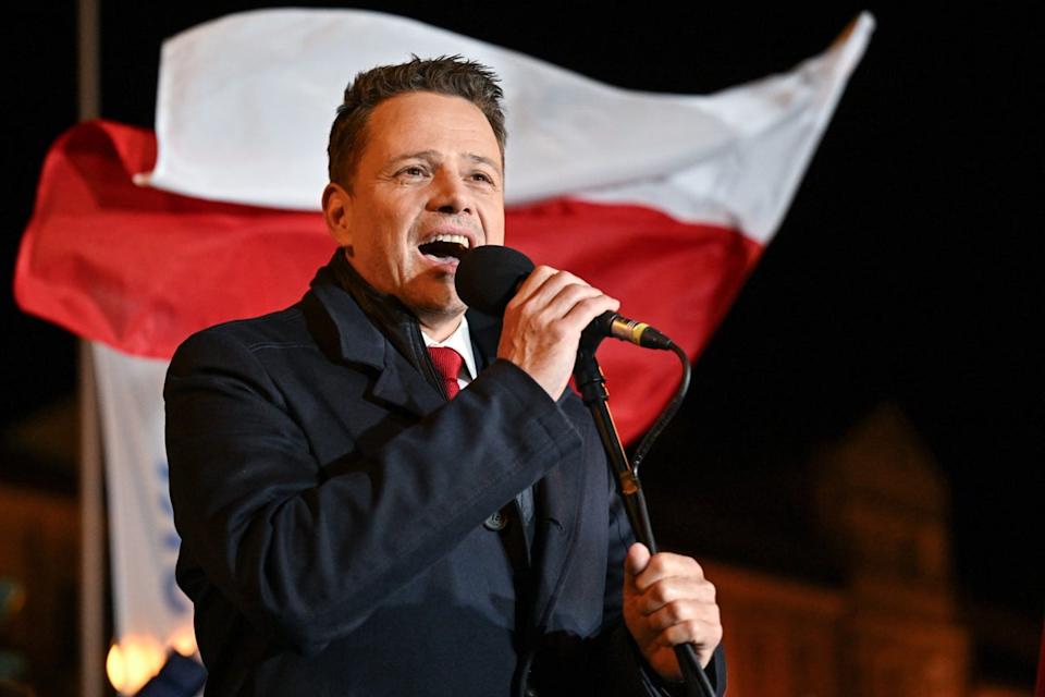 Rafal Trzaskowski, mayor of Warsaw, on the campaign trail in Tarnobrzeg (EPA)