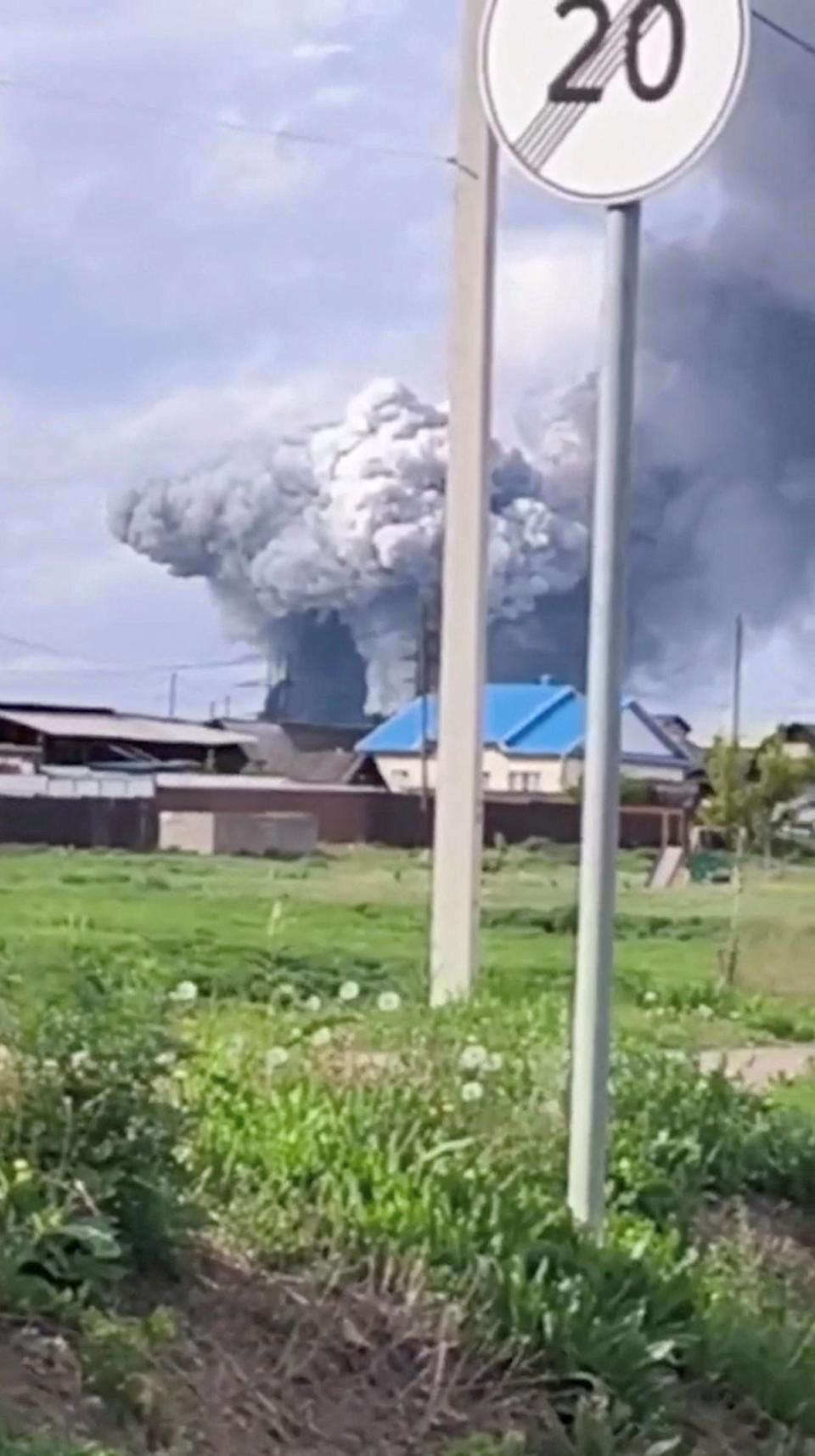 Smoke rises following what local authorities called a drone attack on a military unit in the Sredny settlement, in the course of Russia-Ukraine conflict in the Usolsky district of the Irkutsk region, Russia, in this still image from a video published June 1, 2025.