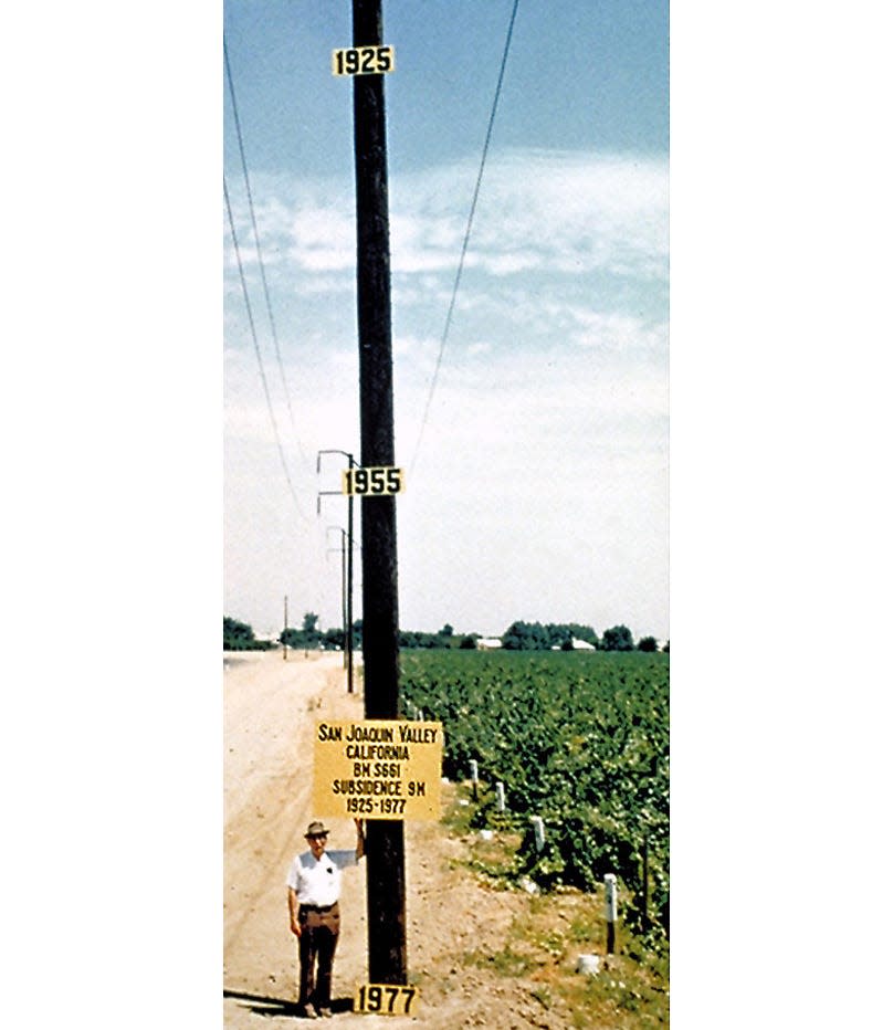Joseph Poland with the USGS stands at what was the point of "maximum subsidence in the United States" in 1977: the San Joaquin Valley southwest of Mendota, California. The year signs on the pole show the approximate ground level in 1925, 1955 and 1977.