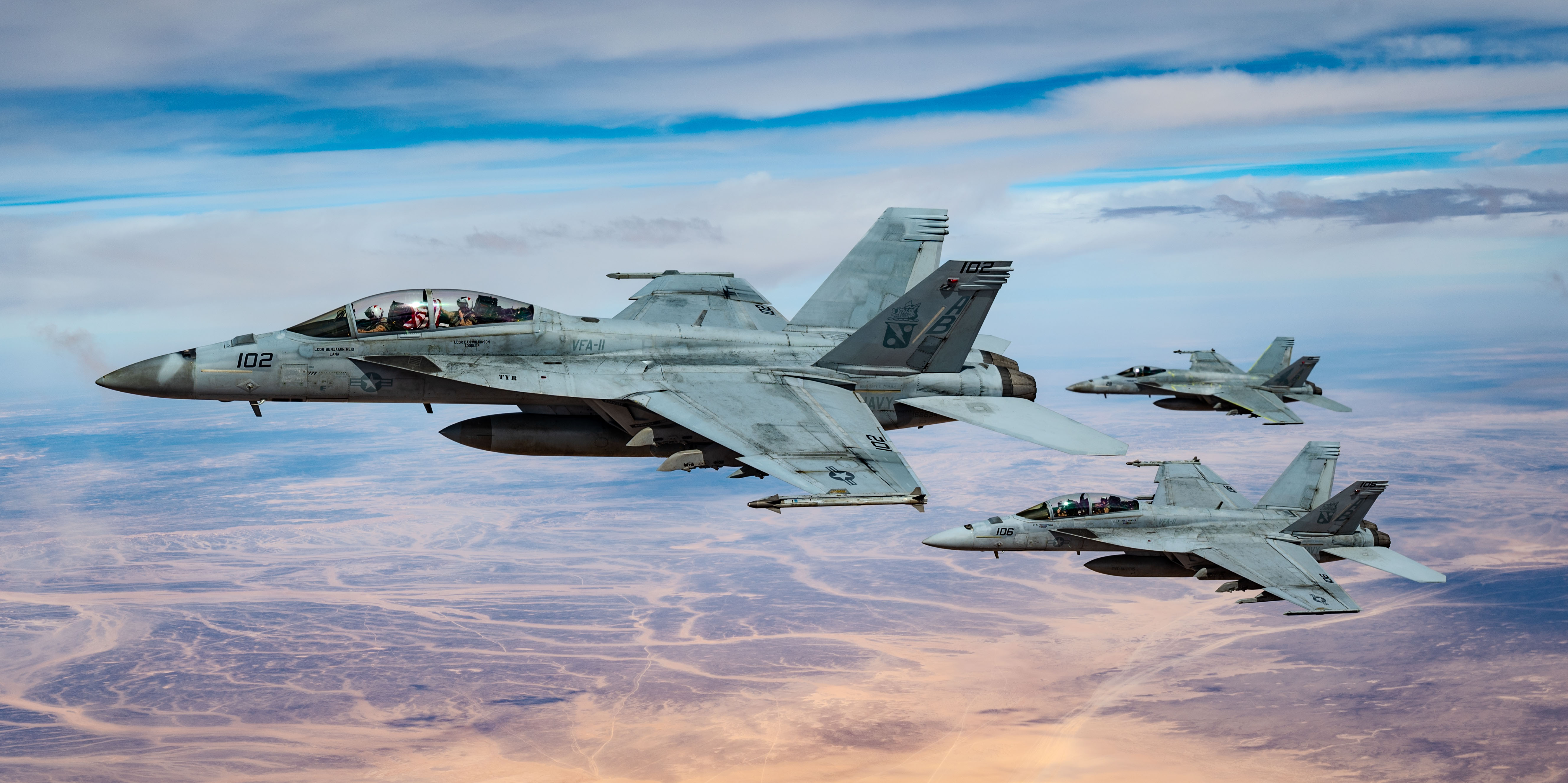 U.S. Navy F/A-18 Super Hornets, assigned to the Harry S. Truman Carrier Strike Group, fly a mission over the U.S. Central Command area of responsibility, March 3, 2025. The Super Hornet is deployed to the U.S. 5th Fleet area of operations to support maritime security and stability in the Middle East region. (U.S. Air Force photo by Staff Sgt. Jackson Manske)
