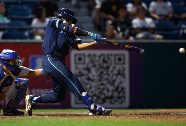 Valley Christian's Quinten Marsh (24) hits an RBI single against Serra in the third inning of their Central Coast Section Division I final at Excite Ballpark in San Jose, Calif., on Saturday, May 31, 2025. (Nhat V. Meyer/Bay Area News Group)