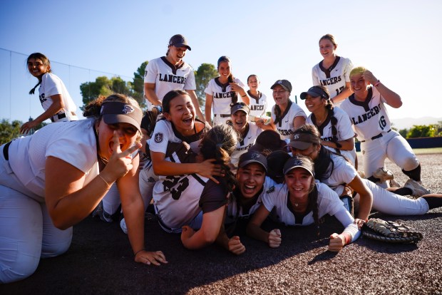 St. Francis celebrates winning against Willow Glen during CCS Open Division softball championship game at West Valley College in Saratoga, Calif., Saturday, May 31, 2025. (Shae Hammond/Bay Area News Group)