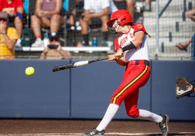 Willow Glen's Elizabeth Dilbeck (99) hits the ball against St. Francis in the fifth inning during CCS Open Division softball championship game at West Valley College in Saratoga, Calif., Saturday, May 31, 2025. (Shae Hammond/Bay Area News Group)
