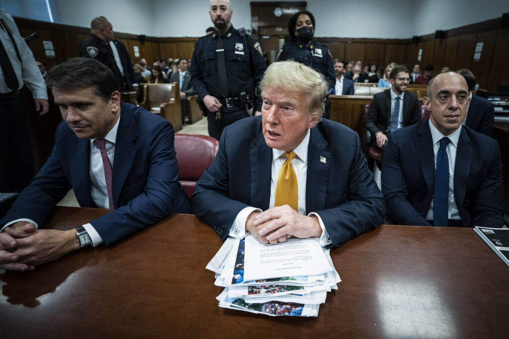 President Trump with attorneys Todd Blanche and Emil Bove at Manhattan Criminal Court on May 29, 2024.