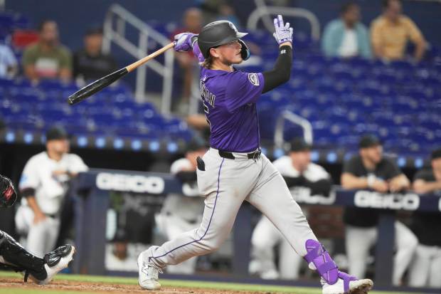 Colorado Rockies' Hunter Goodman follows through on a solo home run during the fifth inning of a baseball game against the Miami Marlins, Monday, June 2, 2025, in Miami. (AP Photo/Lynne Sladky)