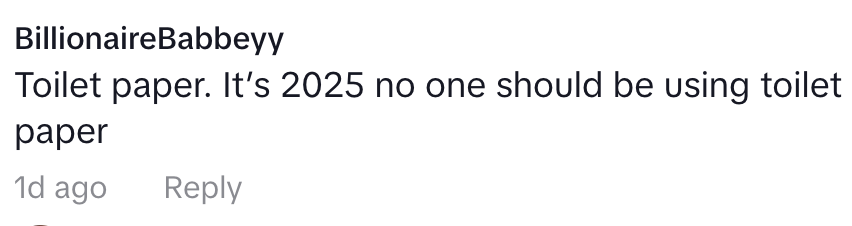 Comment by BillionaireBabbeyy: "Toilet paper. It's 2025 no one should be using toilet paper."