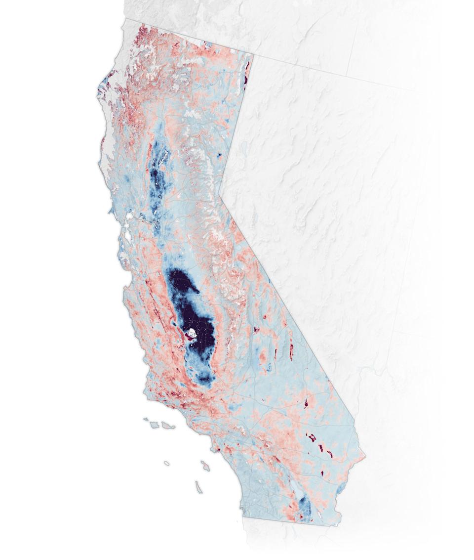 This map shows areas where California land is sinking due to land subsidence. The deeper the blue color, the more the land dropped between 2015 and 2023, according to NASA.