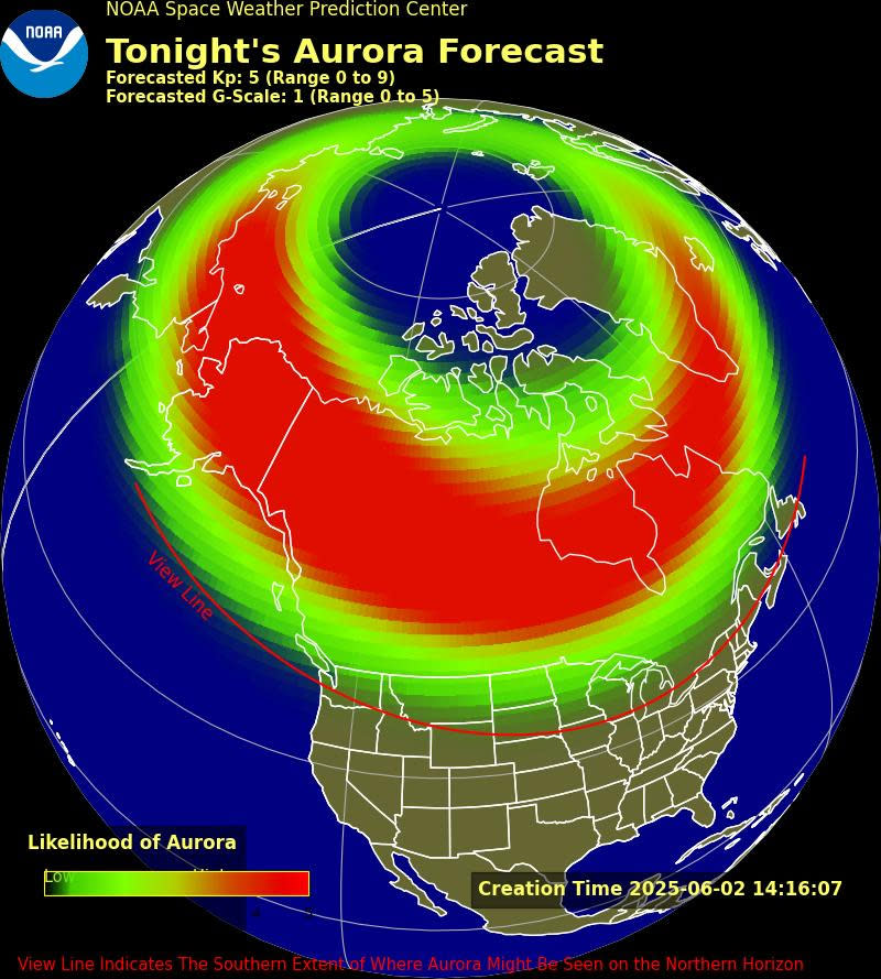 A NOAA aurora forecast map of the Northern Hemisphere for the night of June 2, 2025. It shows a bright green and red auroral oval encircling the Arctic, with the red