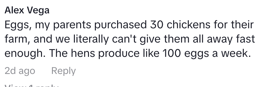 Comment by Alex Vega discusses having 30 chickens that produce around 100 eggs weekly, noting the difficulty in giving them all away quickly